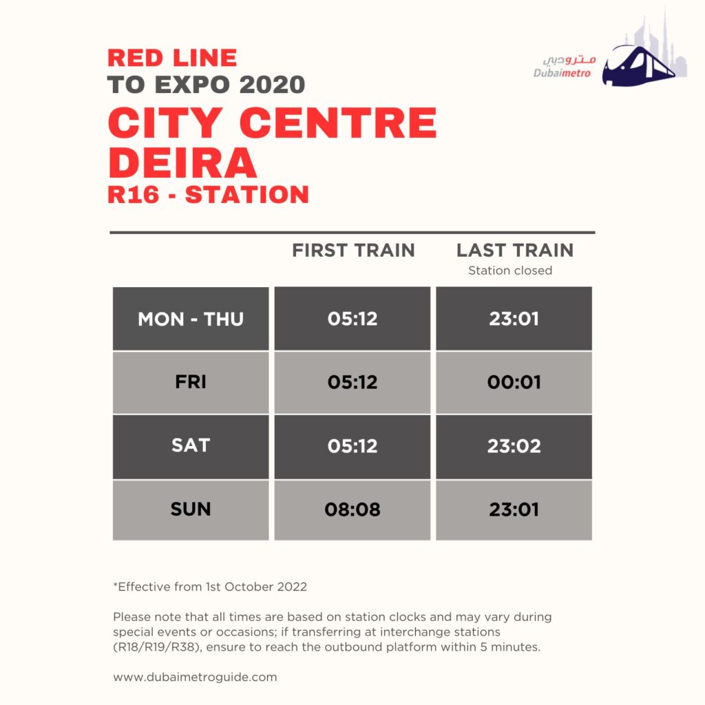 City Centre Deira Metro Station Timings to Expo 2020 – First Train and Last Train Timings