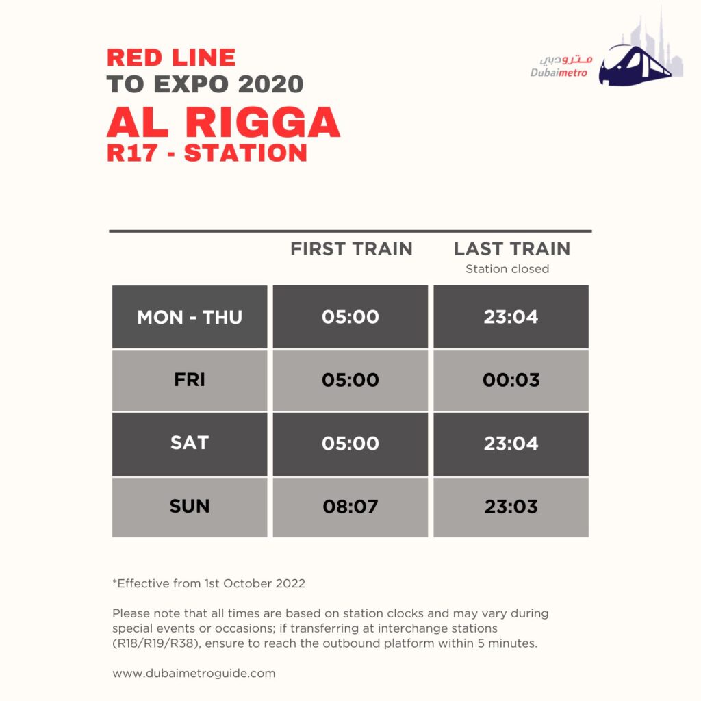 Al Rigga Metro Station Timings to Expo 2020 – First Train and Last Train Timings