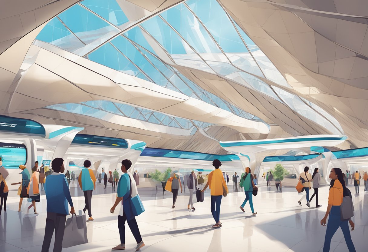 The EXPO 2020 metro station buzzes with commuters. The modern architecture features sleek lines and a vibrant color palette. The station is filled with natural light, and futuristic digital displays guide passengers to their destinations