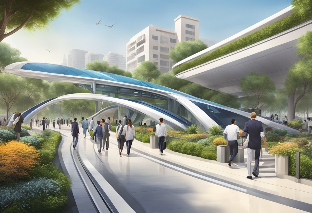 The Dubai Investment Park metro station bustles with commuters under a sleek, modern canopy, surrounded by lush landscaping and futuristic architecture