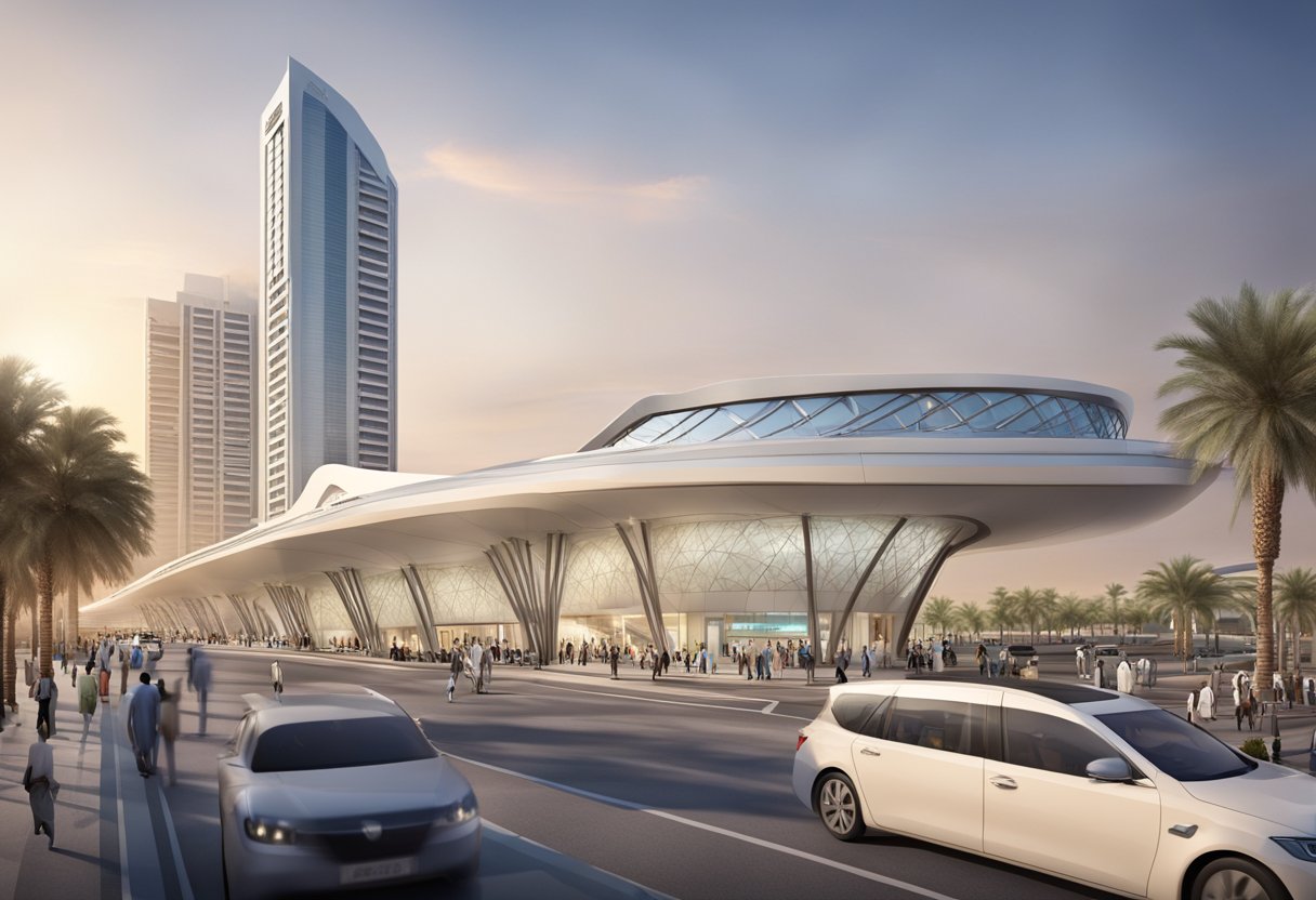 The Al Khail metro station stands tall, with sleek modern architecture and bustling crowds around it, showcasing the progress and development of the city