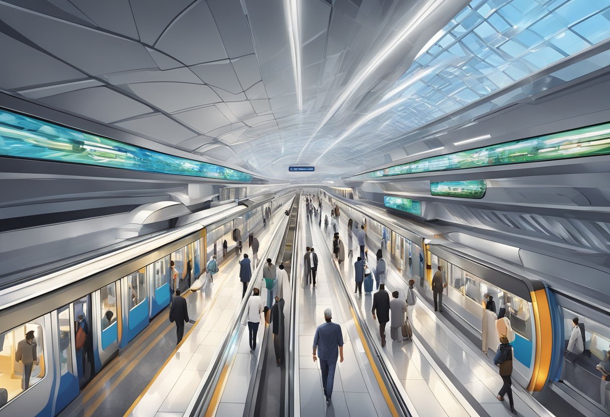 The Al Khail metro station bustles with commuters entering and exiting trains, while the futuristic architecture of the station gleams under the bright lights