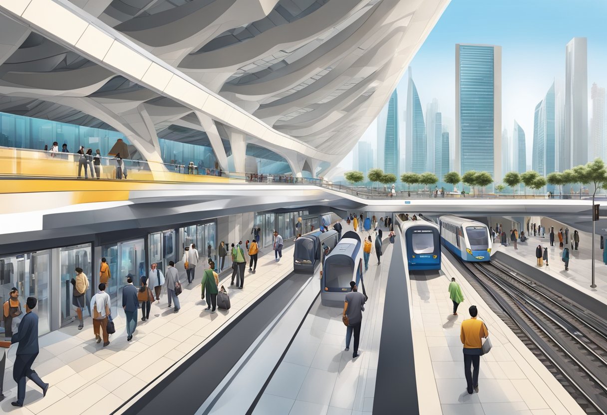 The Al Khail metro station bustles with commuters and trains, surrounded by modern architecture and bustling city streets