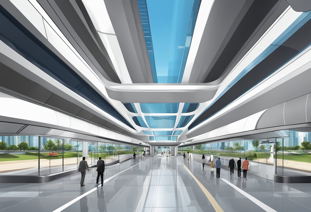 The Dubai Investment Park metro station features modern architecture, sleek lines, and futuristic design elements