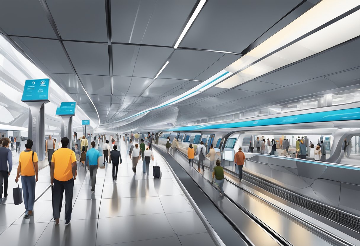 The Dubai Internet City metro station bustles with commuters and tourists. The sleek, modern architecture and bustling platforms create a vibrant and dynamic atmosphere