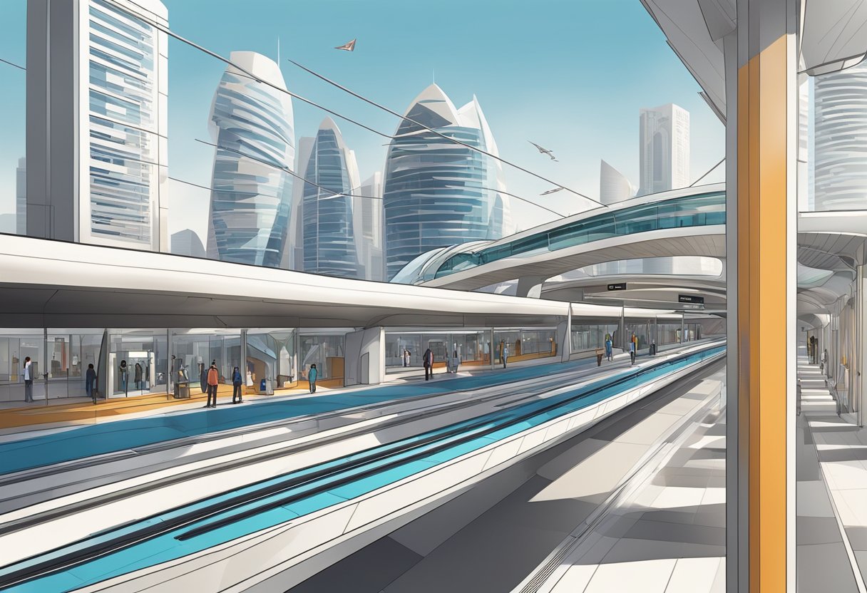The bustling Dubai Internet City metro station showcases modern architecture and bustling activity, with sleek lines and a sense of connectivity