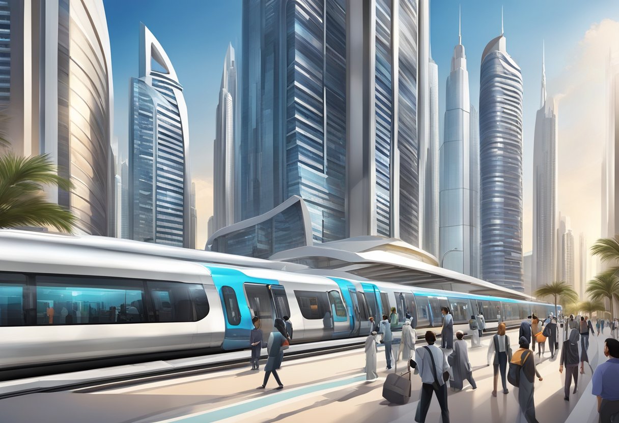 The Dubai Internet City metro station bustles with futuristic architecture and sleek, high-tech design, surrounded by towering skyscrapers and bustling with commuters