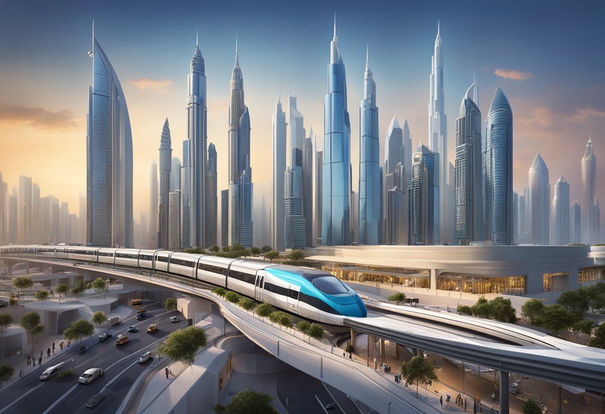 The Dubai Internet City metro station bustles with commuters, as trains arrive and depart amidst the backdrop of futuristic architecture and bustling city life