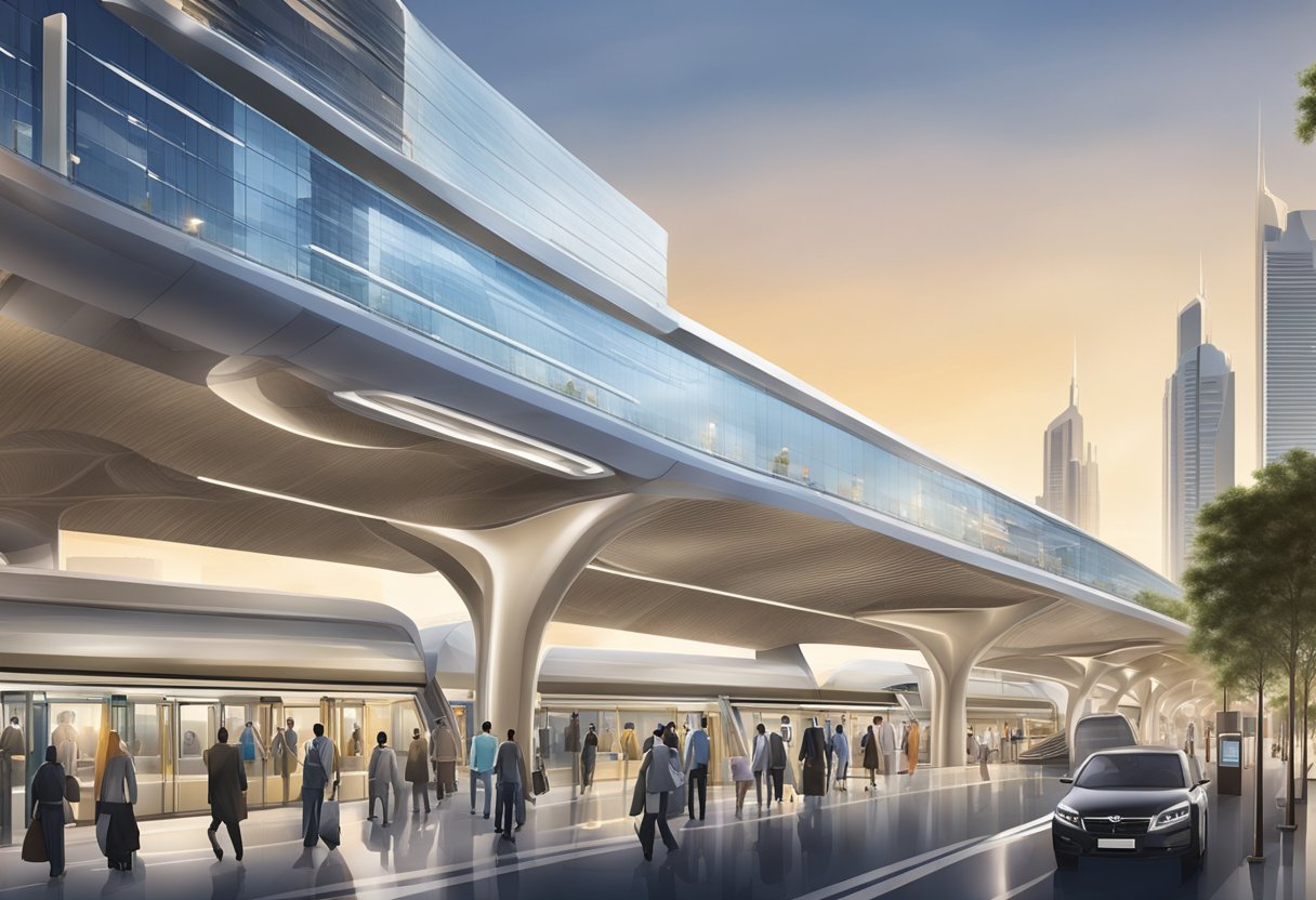 The Dubai Investment Park metro station is bustling with commuters, with sleek modern architecture and a backdrop of skyscrapers