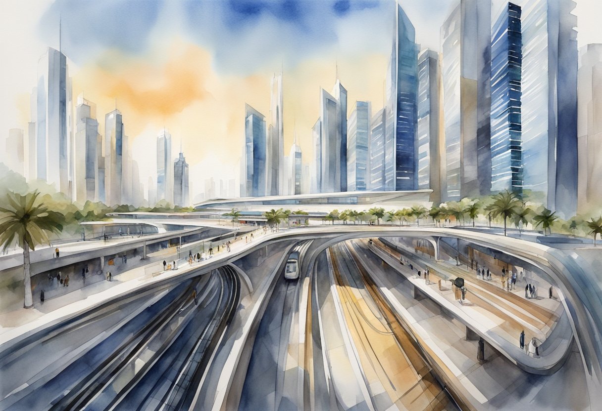 The Business Bay metro station in Dubai integrates seamlessly into the bustling cityscape, with sleek, modern architecture and a network of tracks stretching out in all directions