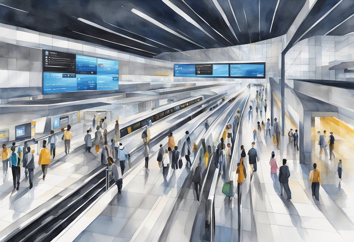 The Business Bay metro station is bustling with commuters, with trains arriving and departing, and people moving through the ticket gates and onto the platforms. The station is modern and sleek, with digital displays and directional signs guiding passengers