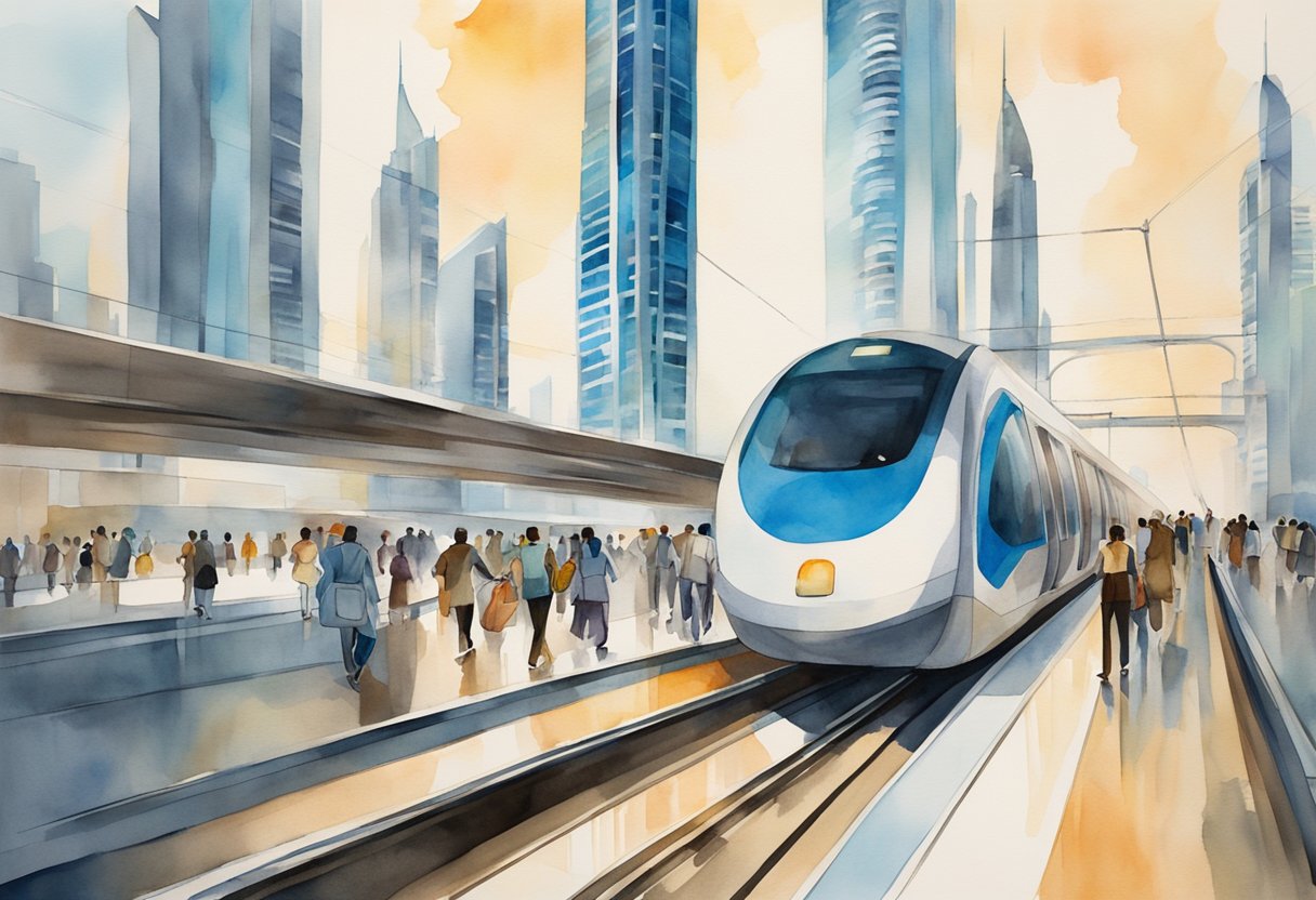 Passengers ride the sleek Dubai Metro, gliding through modern stations against a backdrop of futuristic skyscrapers and bustling city streets