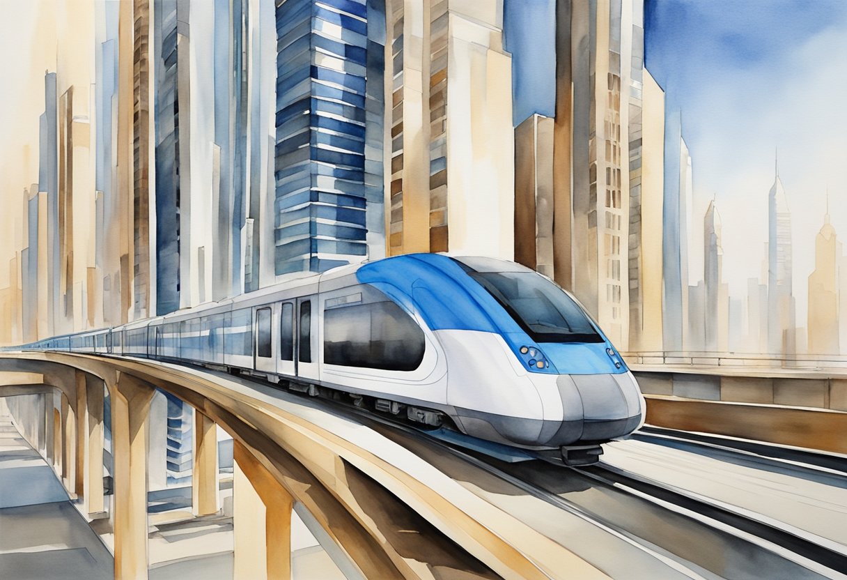 The Dubai Metro glides along elevated tracks, passing sleek modern buildings and bustling streets below. The futuristic train system is a symbol of the city's rapid development and urban sophistication
