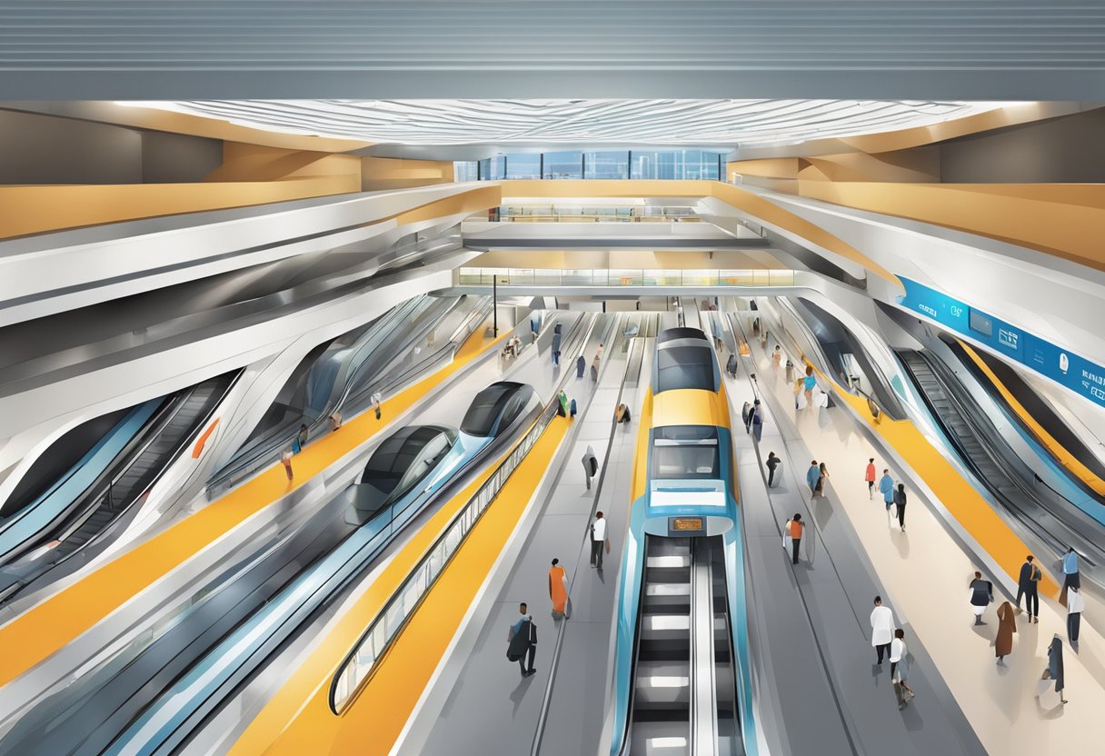 The Dubai Investment Park metro station bustles with commuters and features modern architecture and signage