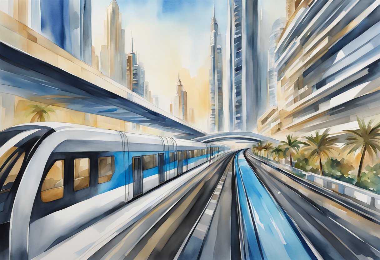 The Dubai Metro glides through a futuristic cityscape, with sleek, modern buildings and palm-lined streets below. The train's sleek design and advanced technology are evident as it effortlessly transports passengers through the bustling urban environment
