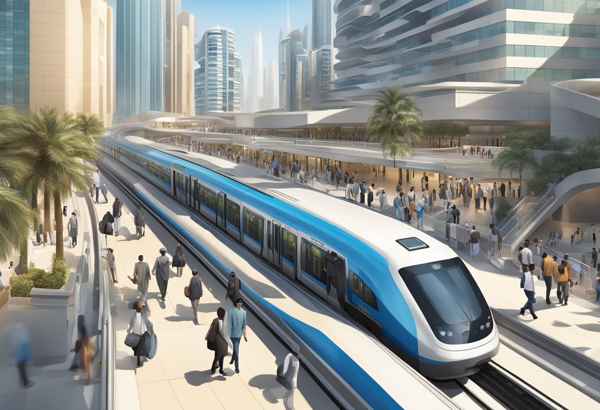The Dubai Investment Park metro station bustles with commuters, as trains arrive and depart amidst modern architecture and bustling city life