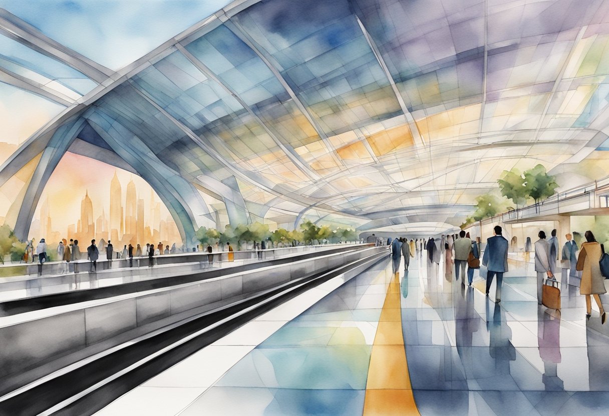 The Financial Centre Metro Station in Dubai bustles with commuters entering and exiting the sleek, modern station. The platform is lined with glass barriers and digital displays, while the ceiling is adorned with intricate geometric patterns