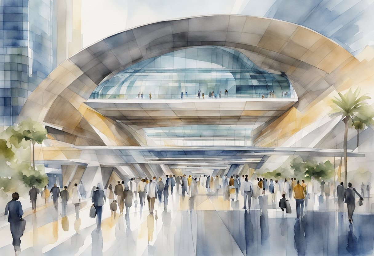The Financial Centre Metro Station in Dubai's Financial District is bustling with commuters, with sleek, modern architecture and a network of connecting walkways