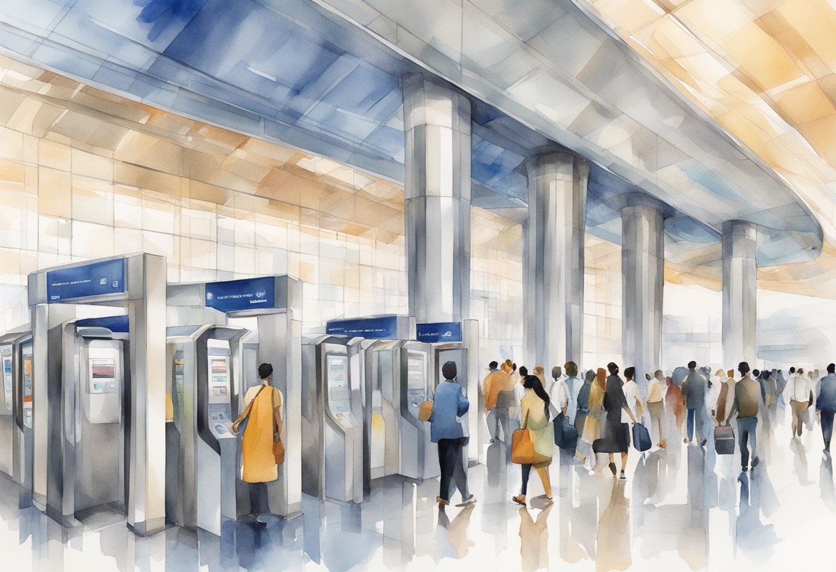 The bustling Ticketing and Fares Financial Centre Metro Station in Dubai, with passengers moving through the turnstiles and purchasing tickets from the automated machines