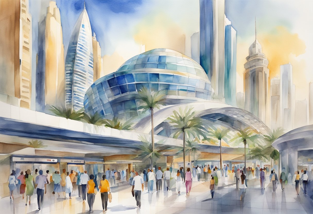 The bustling Financial Centre Metro Station in Dubai, surrounded by nearby attractions