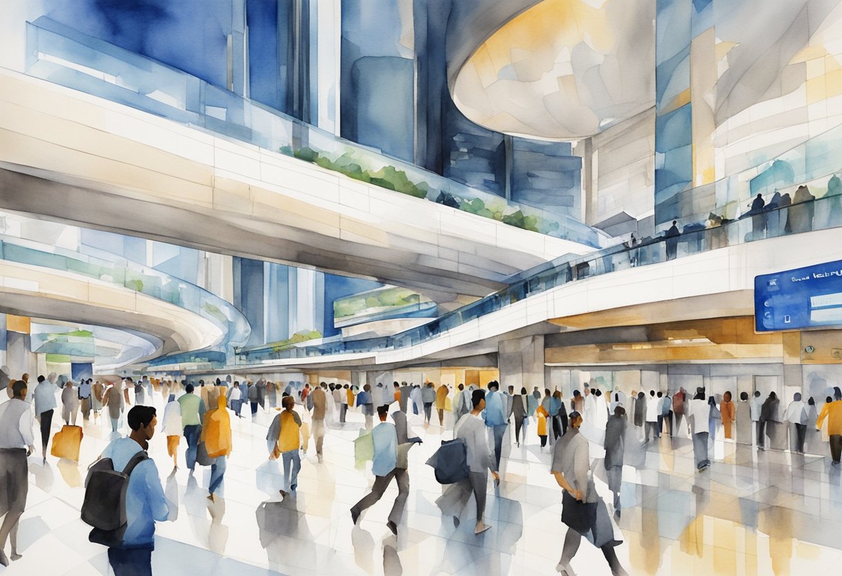 The Financial Centre Metro Station in Dubai bustles with commuters. The sleek, modern architecture and vibrant signage create a dynamic urban atmosphere
