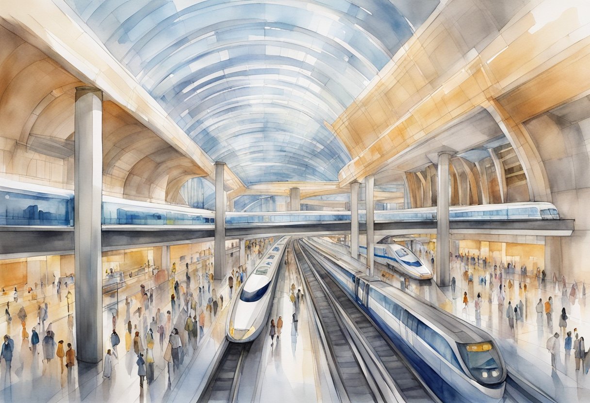 A bustling metro station in Dubai's financial district, with sleek trains arriving and departing, and a network of futuristic walkways and platforms connecting commuters