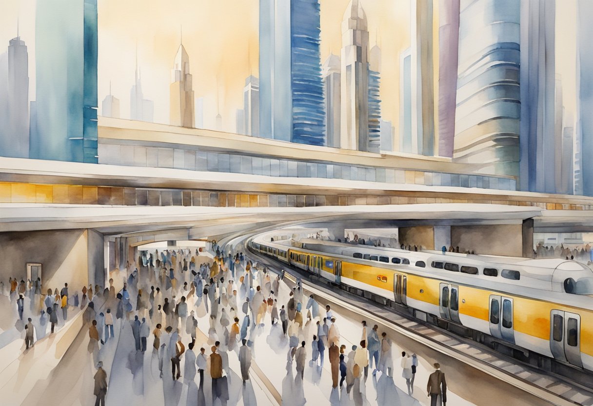 The Financial Centre Metro Station in Dubai bustles with commuters and workers, as trains arrive and depart, and the iconic architecture of the station stands tall against the city skyline