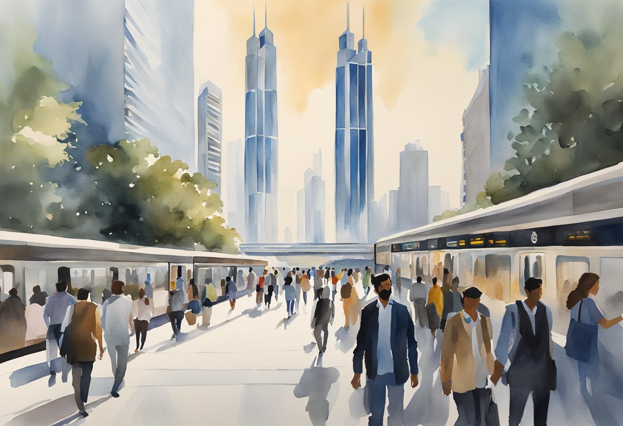 The Emirates Towers Metro Station is bustling with commuters entering and exiting the sleek, modern station. The iconic twin towers stand tall in the background, casting long shadows over the bustling scene