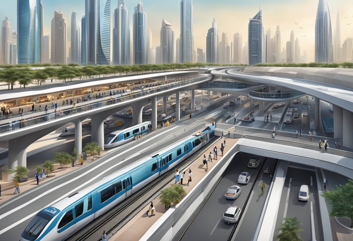 The Dubai Investment Park metro station bustles with commuters, surrounded by towering skyscrapers and bustling commercial activity