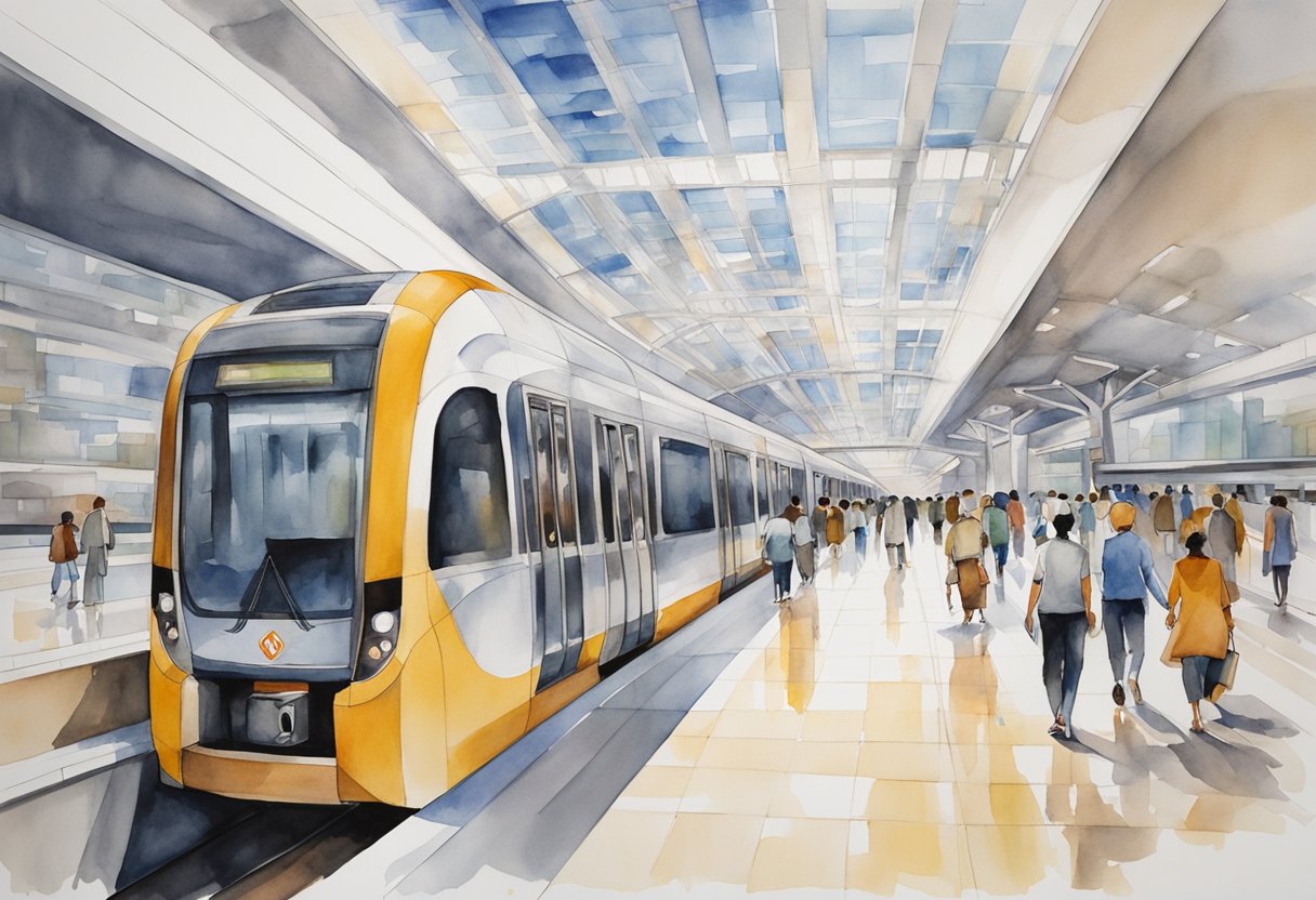 The bustling Emirates Towers Metro Station showcases modern architecture, with sleek lines and glass panels. Trains arrive and depart on the elevated platform, while commuters bustle through the spacious concourse below