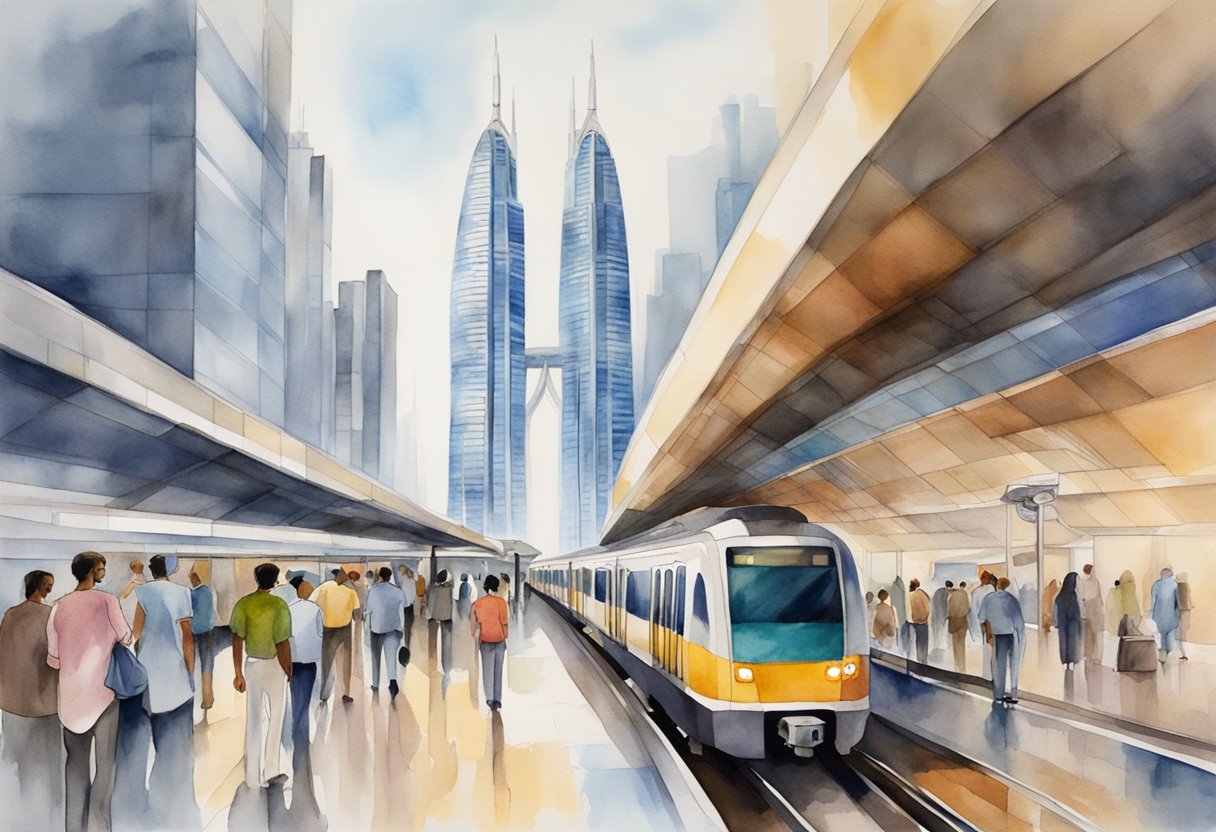 The bustling Emirates Towers Metro Station with trains arriving and departing, passengers waiting on platforms, and the iconic twin towers rising in the background