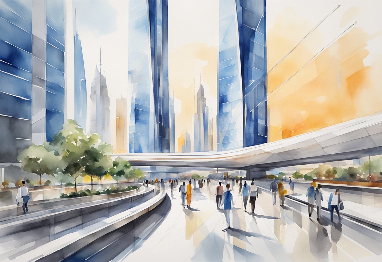 The Emirates Towers Metro Station buzzes with activity, as commuters move through the sleek, futuristic space. The station is a hub of connectivity, with sleek lines and modern design, hinting at future projects and innovation