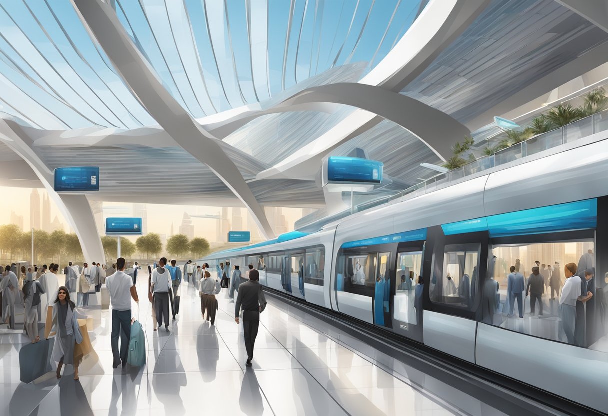 The Dubai Investment Park metro station bustles with commuters as futuristic buildings loom in the background
