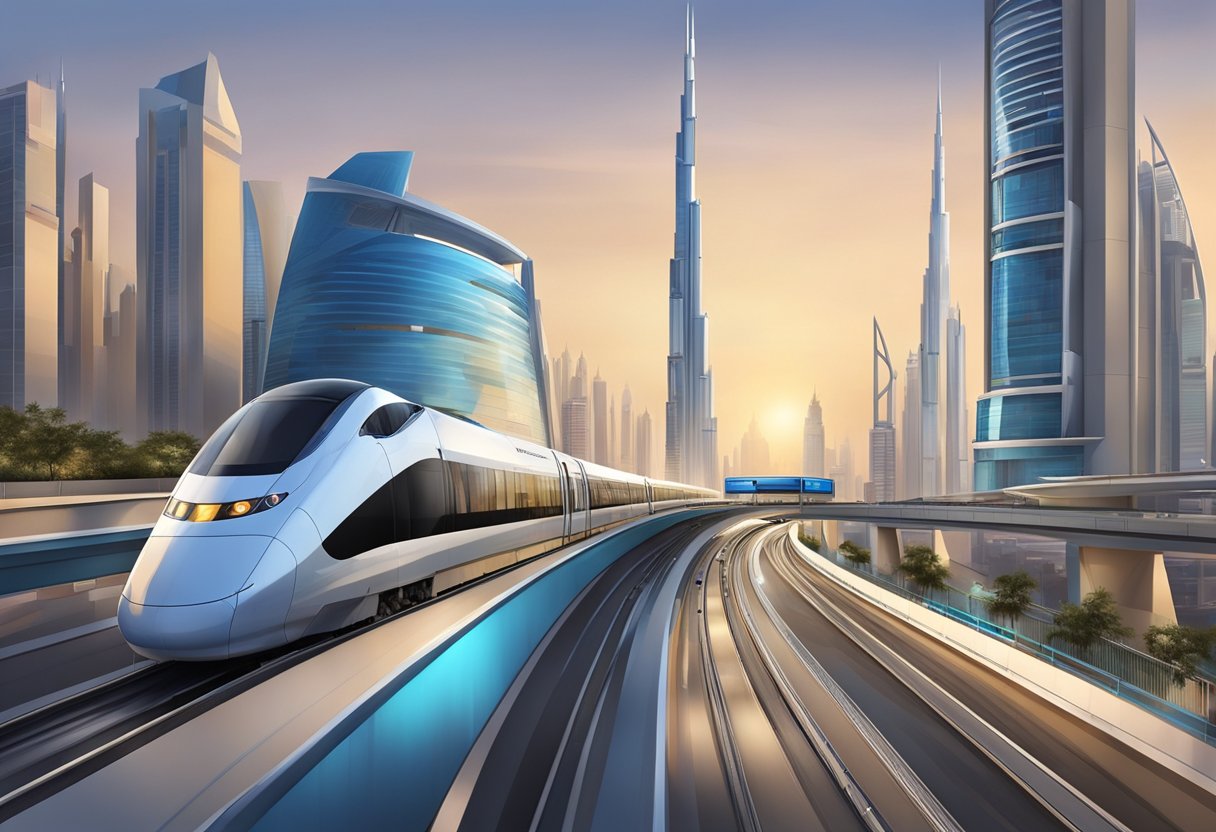The Dubai Metro emerges from the futuristic Emirates Metro Station, surrounded by sleek, modern architecture and bustling city life
