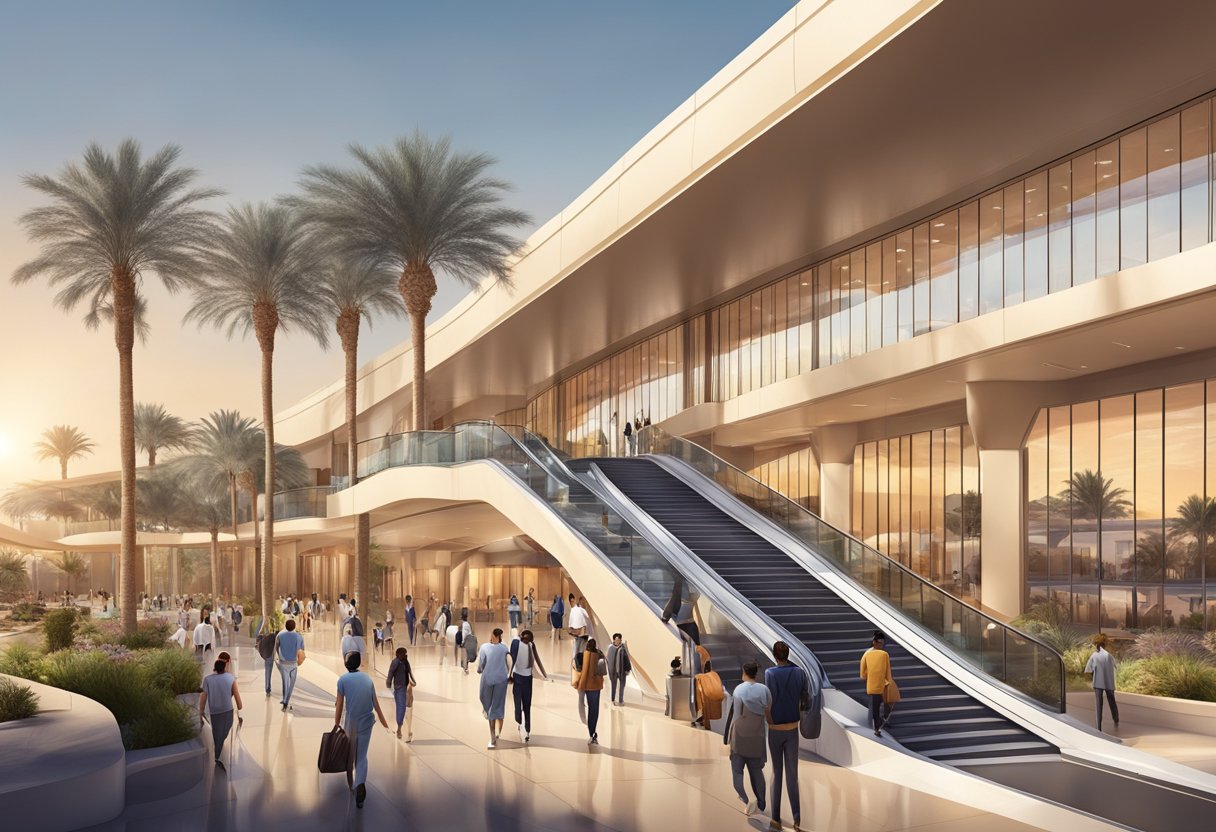 The Jumeirah Golf Estates metro station bustles with commuters and sleek modern architecture under the warm glow of the desert sun