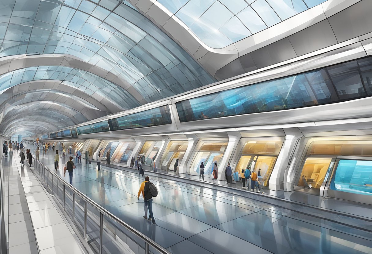 Emirates Metro Station: Modern architecture, glass facade, bustling commuters, sleek trains, digital displays
