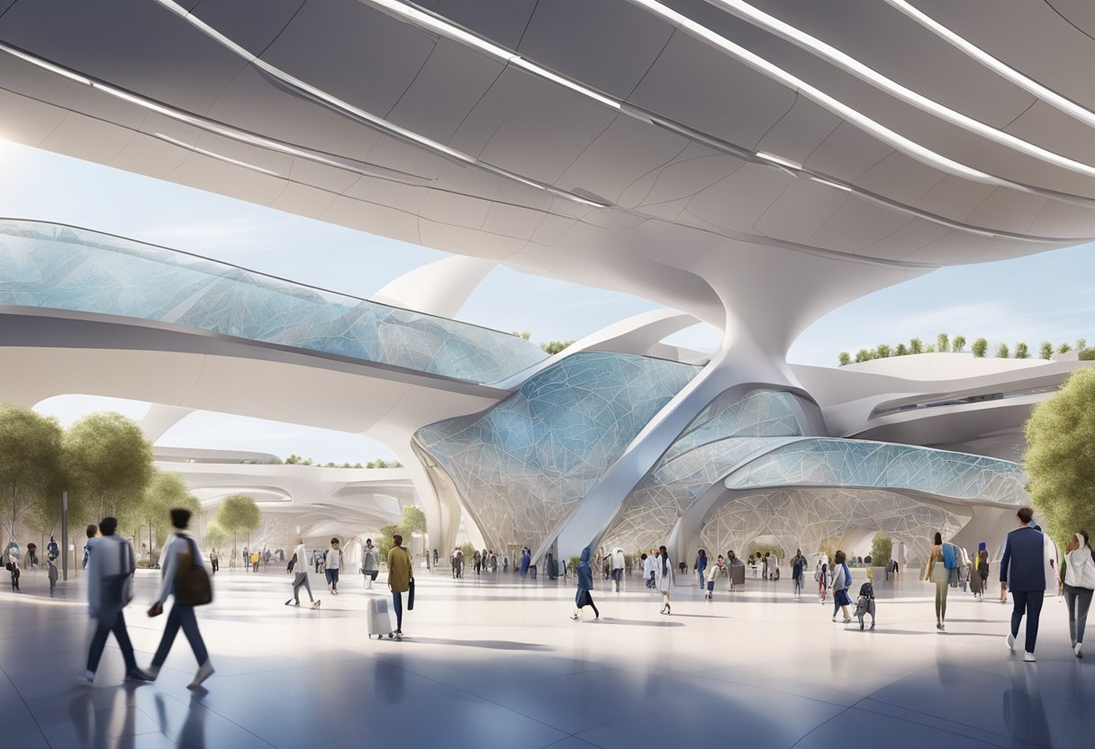 The EXPO 2020 metro station is bustling with commuters. The entrance is adorned with futuristic architecture and vibrant signage. The station is easily accessible with ramps and elevators for people with disabilities