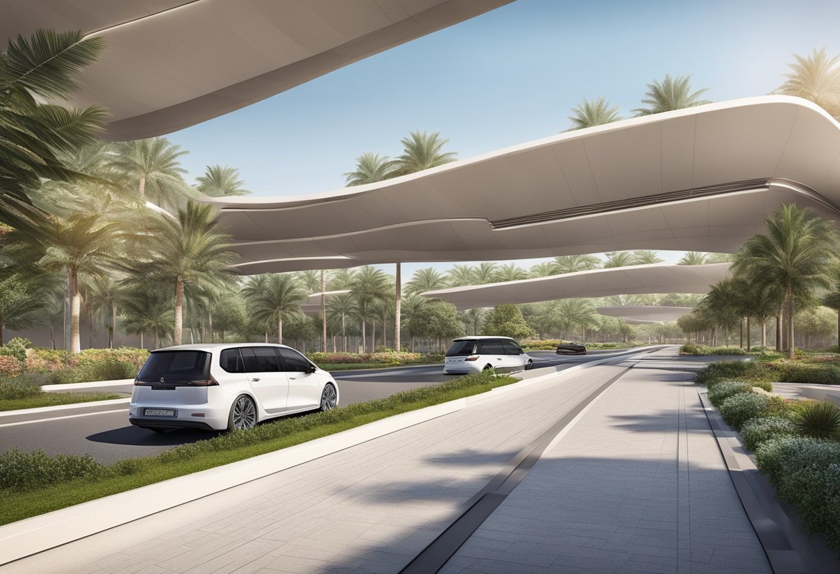 The Jumeirah Golf Estates metro station features modern architecture, with sleek lines and a spacious platform. Surrounding greenery adds a touch of natural beauty to the urban setting