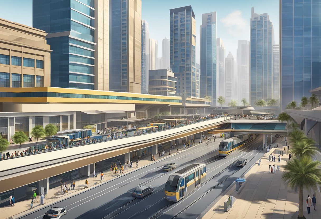 The bustling city center of Deira, with the metro station at its heart, surrounded by towering buildings and bustling streets