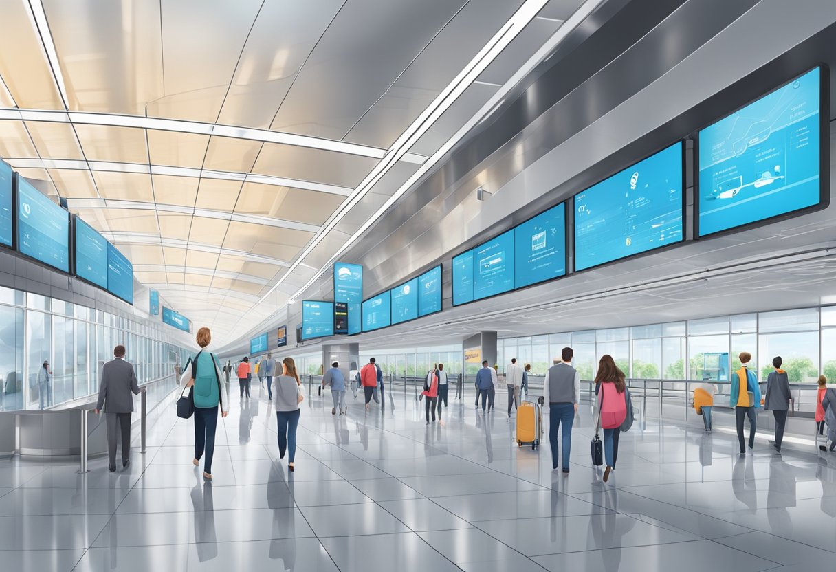 Passengers walk through a modern airport terminal towards the metro station, with digital signage and clear pathways for accessibility and connectivity