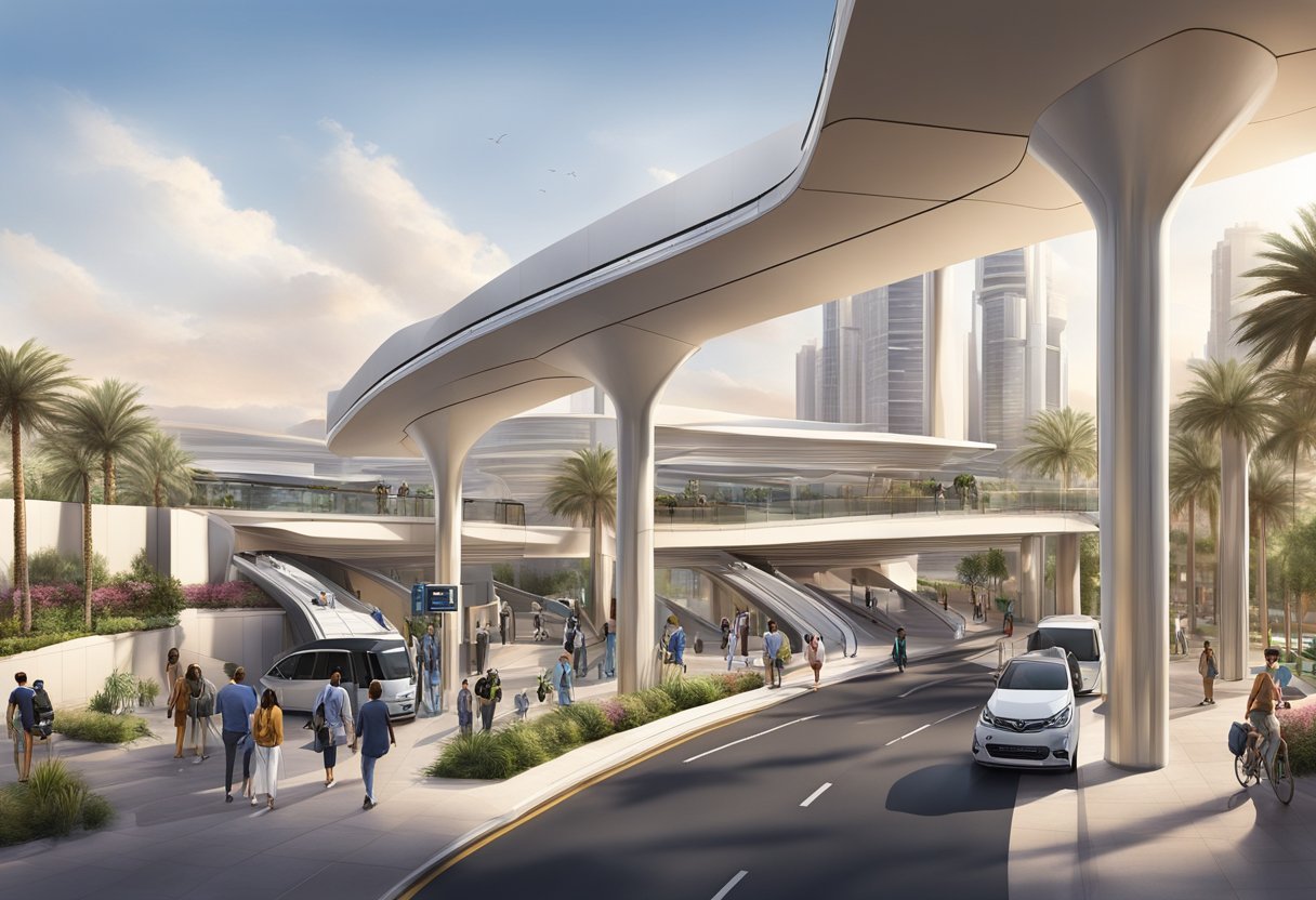 The Jumeirah Golf Estates metro station stands tall amidst a bustling cityscape, with sleek lines and modern architecture, beckoning travelers to explore nearby attractions