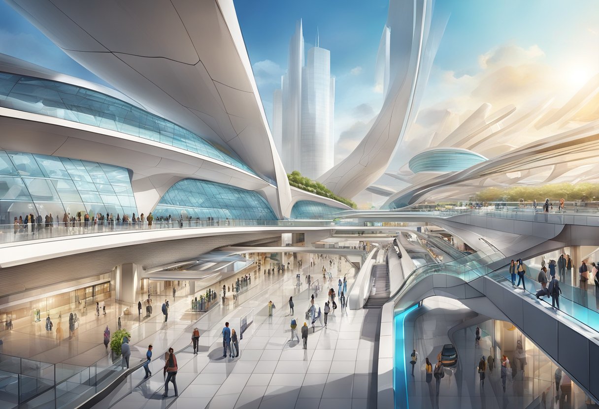 The futuristic airport terminal 3 metro station is bustling with activity and surrounded by sleek, modern buildings and infrastructure
