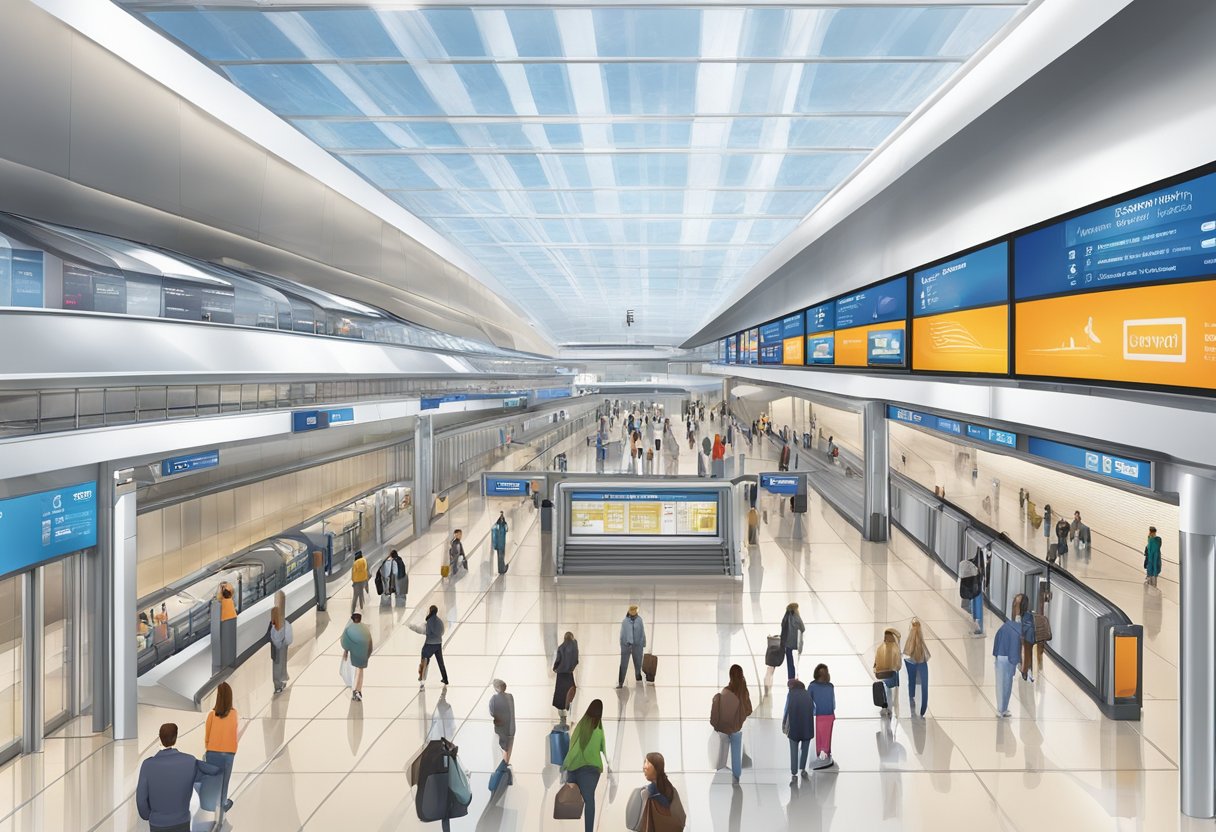 The airport terminal 3 metro station is bustling with commuters. The sleek, modern design features digital signage and ticket machines. Trains arrive and depart on schedule, while travelers navigate the spacious concourse