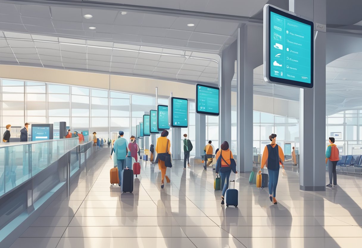 Passengers move through airport terminal 1 towards metro station. Signs and digital screens display directions. Wi-Fi and charging stations provide connectivity