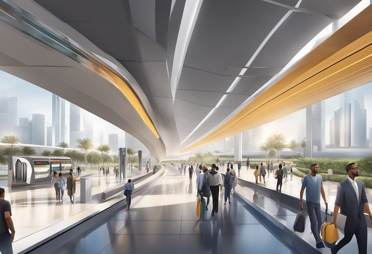 The futuristic Jumeirah Golf Estates metro station features sleek, angular architecture and a bustling platform with commuters boarding and disembarking trains