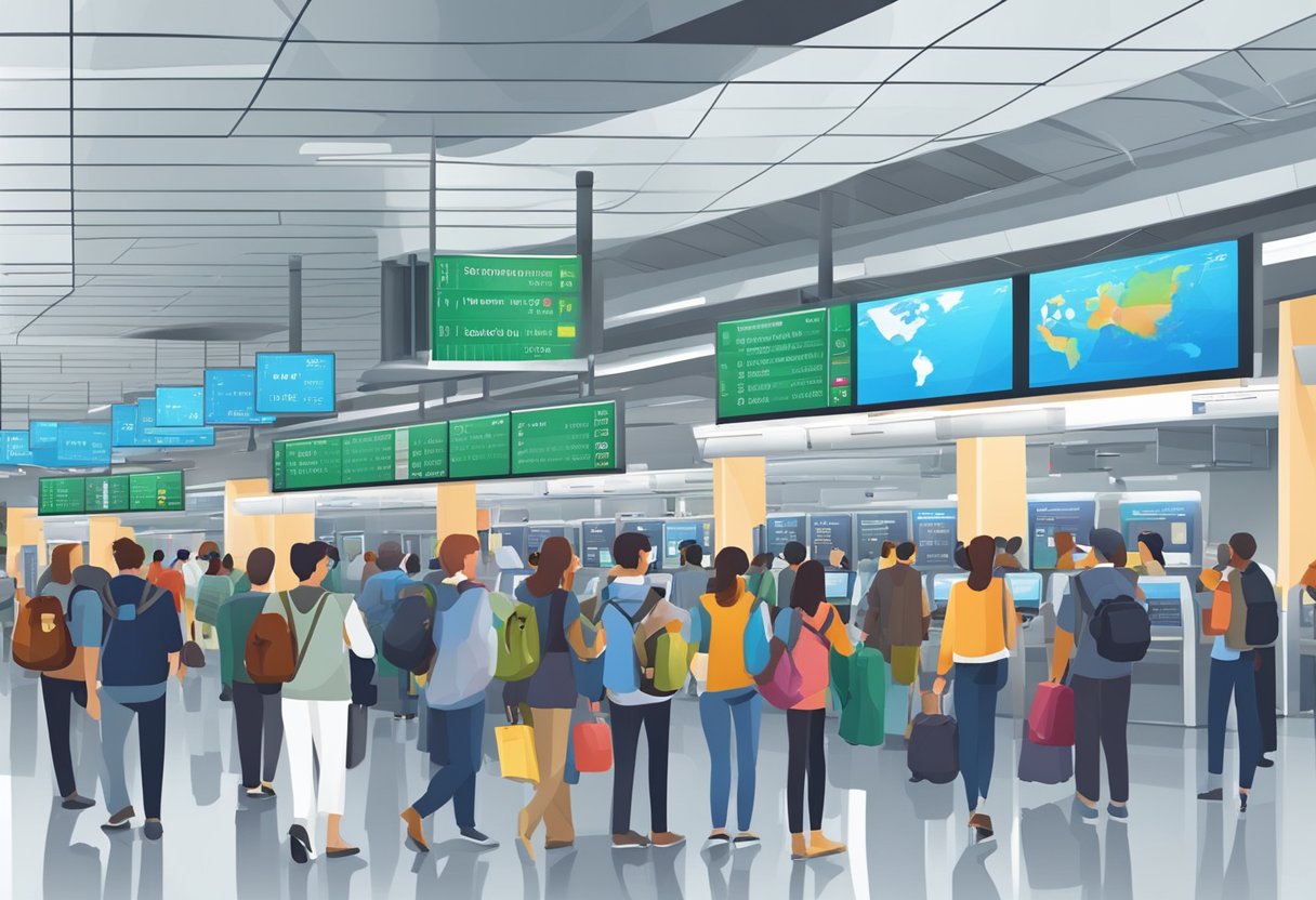 Passengers gather at airport terminal 1 metro station, checking traveler information displays