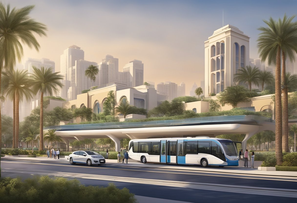 The Jumeirah Golf Estates metro station stands tall against the skyline, with sleek lines and modern architecture. Surrounding greenery and a clear blue sky provide a serene backdrop