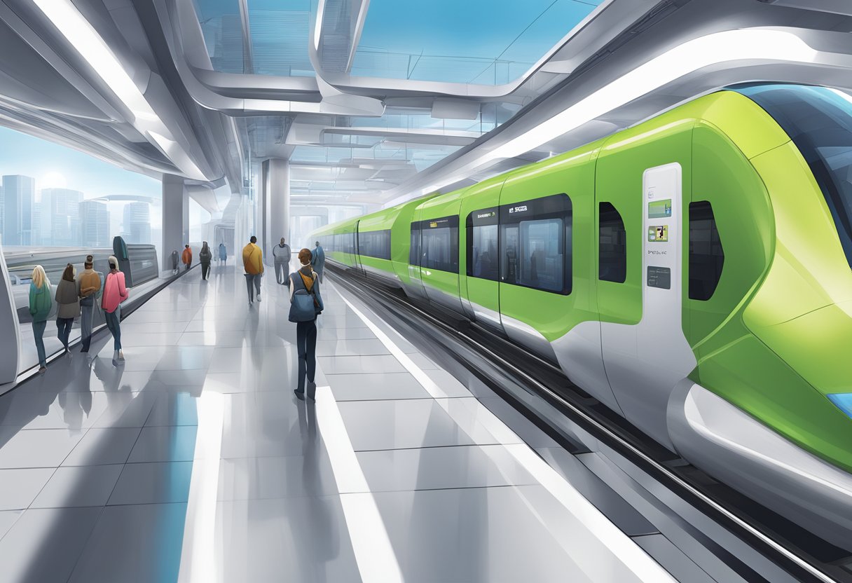 Energy Metro Station: bustling platforms, sleek trains, vibrant digital displays, and futuristic architecture