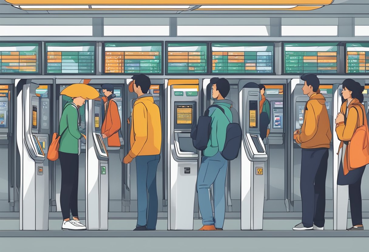 Passengers line up at ticketing machines in a bustling metro station. Fare gates and electronic displays add to the energy of the scene