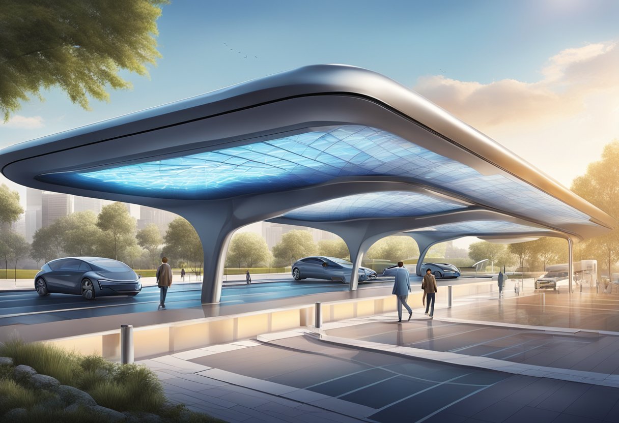 The energy metro station buzzes with futuristic technology and sleek design. Solar panels glisten on the roof, while electric vehicles glide in and out